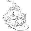 A big bull in a New Year`s cap and a fur coat knitted a bag with gifts and a young calf is sitting there, cartoon illustration,