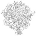 Big bunch of roses isolated on white background. Linear, contour, black and white and colored version. Illustration can be used