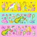 Cute princess Icons set with unicorn, dragon Girl wallpaper Royalty Free Stock Photo