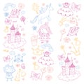 Cute princess Icons set with unicorn, dragon Girl wallpaper Baby shower Invitation Kindergarten, preschool, nursery Royalty Free Stock Photo