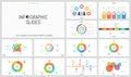 Big bundle of simple infographic design templates. Round charts divided into sectors, horizontal timelines, colorful