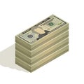 Big bundle of twenty dollar bills. Pile of 20 US dollar banknotes, isometric view. Vector illustration Royalty Free Stock Photo