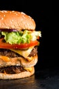 Big burger with double beef cutlet, cheese and vegetable salad Royalty Free Stock Photo