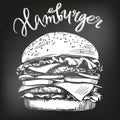 Big burger, hamburger hand drawn vector illustration sketch. chalk menu. retro style