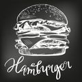 Big burger, hamburger hand drawn vector illustration sketch. chalk menu. retro style Royalty Free Stock Photo