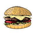 Big burger, hamburger hand drawn vector illustration sketch retro style Royalty Free Stock Photo