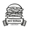 Big burger logo with ribbon. Hand-drawn burger hot dish. delicious sandwich line vector stock illustration. concept for