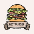 Big burger logo with ribbon. Hand-drawn burger hot dish. delicious sandwich line vector stock illustration. concept for Royalty Free Stock Photo