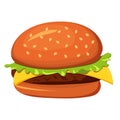 Big burger with meet, melting cheese and lettuce between buns. Hamburger, American fast food. Cheeseburger with cutlet