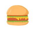 Big burger with meet, melting cheese and lettuce between buns. Hamburger, American fast food. Cheeseburger with cutlet