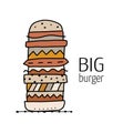 Big Burger, outline simple style. fast food design icon for print, web or mobile app