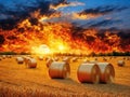 the big burning sunset over farm field with hay bales, AI generated