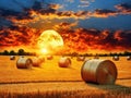 the big burning sunset over farm field with hay bales, AI generated