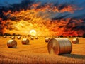 the big burning sunset over farm field with hay bales, AI generated