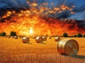 the big burning sunset over farm field with hay bales, AI generated