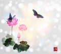 Big butterflies and lotus flowers on white glowing background. Royalty Free Stock Photo