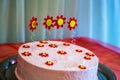 Big cake decorated with berries and flowers with a birthday candle Royalty Free Stock Photo
