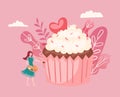 Big cake and tiny girl decorating giant cupcake cartoon vector illustration of sweet food, celebration of birthday or Royalty Free Stock Photo