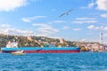Big cargo ship in the Bosphorus near the Rumelian castle, Istanbul Royalty Free Stock Photo