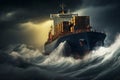 Big cargo ship fighting with huge storm. Generative AI Royalty Free Stock Photo