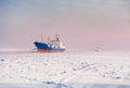 Big cargo ship in frozen ice sea fairway Royalty Free Stock Photo