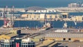 Big cargo ship at industrial port aerial fiew from above at evening in Abu Dhabi Royalty Free Stock Photo