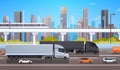 Big Cargo Truck Trailers On Highway Road With Cars And Lorry Over Modern City Background Shipment And Delivery Concept Royalty Free Stock Photo