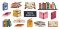 Big cartoon doodle set with books on shelf, stack, open with chapter and paragraphs, school textbook for different subjects Royalty Free Stock Photo