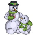 A big cartoon snowman with a gift and a small smiling snowman