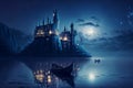 Big castle and boat at moonlit night digital painting