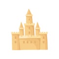 Big castle made of sand. Fortress with high towers. Children beach game. Flat vector for travel poster or mobile game Royalty Free Stock Photo