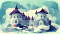 a big castle with violet top, roof, children book illustration, ai generated image Royalty Free Stock Photo