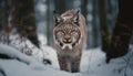 Big cat staring, spotted fur in snow generative AI Royalty Free Stock Photo