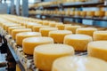 Big cheese wheels at manufacturing closeup. A cheese dairy in a warehouse with cheese