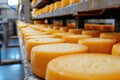 Big cheese wheels at manufacturing closeup. A cheese dairy in a warehouse with cheese