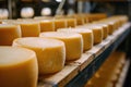 Big cheese wheels at manufacturing closeup. A cheese dairy in a warehouse with cheese Royalty Free Stock Photo