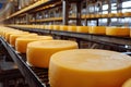 Big cheese wheels at manufacturing closeup. A cheese dairy in a warehouse with cheese