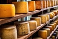 Big cheese wheels at manufacturing closeup. A cheese dairy in a warehouse with cheese. Generative AI Royalty Free Stock Photo