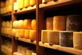 Big cheese wheels at manufacturing closeup. A cheese dairy in a warehouse with cheese. Generative AI Royalty Free Stock Photo