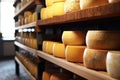 Big cheese wheels at manufacturing closeup. A cheese dairy in a warehouse with cheese. Generative AI Royalty Free Stock Photo