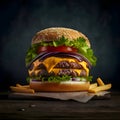 Big cheeseburger with french fries on wooden table over dark background Royalty Free Stock Photo