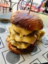 Big Cheeseburger / Hamburger with Corn, Cheddar and Parmesan Cheese served with Tray at Fast Food Restaurant. Ready to Eat