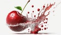 Big cherry, falling into a red colored liquid.