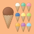 Big chocolate cone with various fruit ice cream. Royalty Free Stock Photo