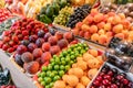 Big choice of fresh Fruit and vegetable market. Various colorful fresh fruits and vegetables. Fresh and organic Royalty Free Stock Photo