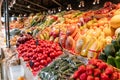 Big choice of fresh Fruit and vegetable market. Various colorful fresh fruits and vegetables. Fresh and organic Royalty Free Stock Photo