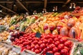 Big choice of fresh Fruit and vegetable market. Various colorful fresh fruits and vegetables. Fresh and organic Royalty Free Stock Photo