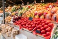 Big choice of fresh Fruit and vegetable market. Various colorful fresh fruits and vegetables. Fresh and organic Royalty Free Stock Photo