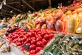 Big choice of fresh Fruit and vegetable market. Various colorful fresh fruits and vegetables. Fresh and organic Royalty Free Stock Photo