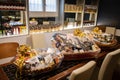 Big Christmas basket full of luxury food and drink delicatessen for sale in grocery